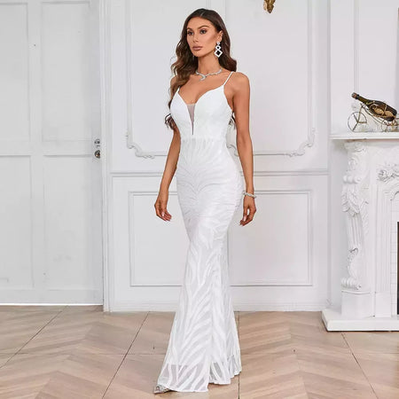 Vestido Maxi Lantejoula Branco Feminino, Vestido Sexy Strap, Vestido de festa longo