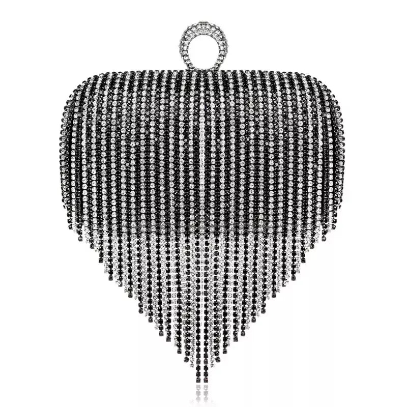 Embreagem de borla de diamantes brilhantes para mulheres, bolsa caixa de metal, bolsa de festa noturna, alça redonda, moda
