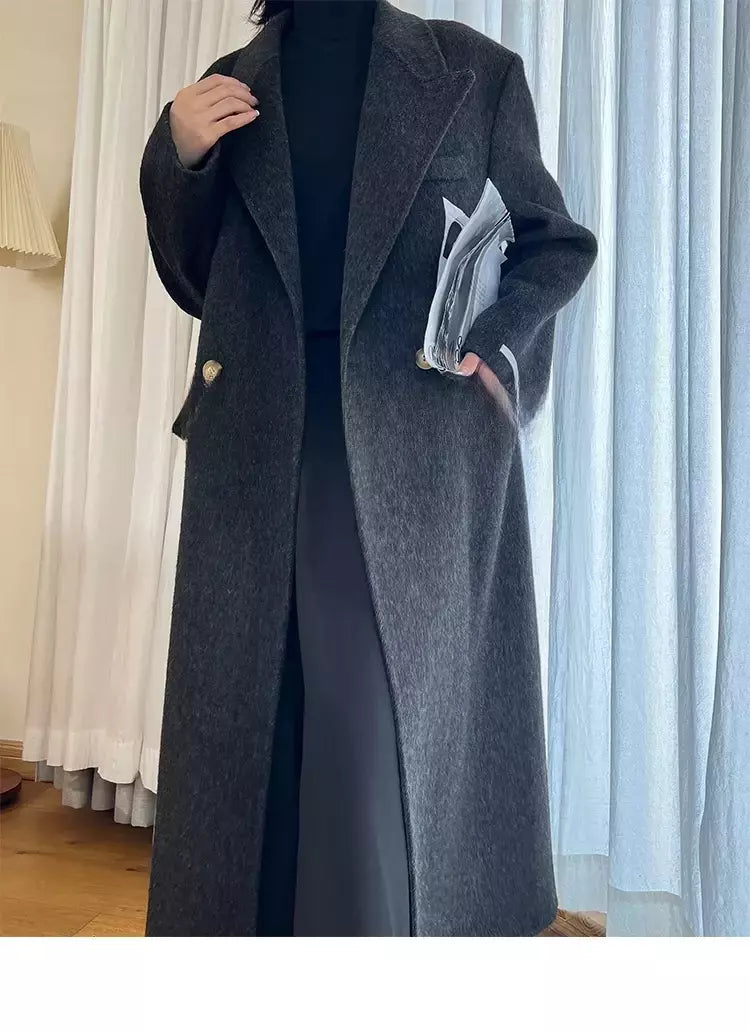 Casaco de alpaca de lã feminino, jaquetas de lã, trespassado duplo, gola de terno, solto, Casacos longos, senhora do escritório, outono, inverno, 2022