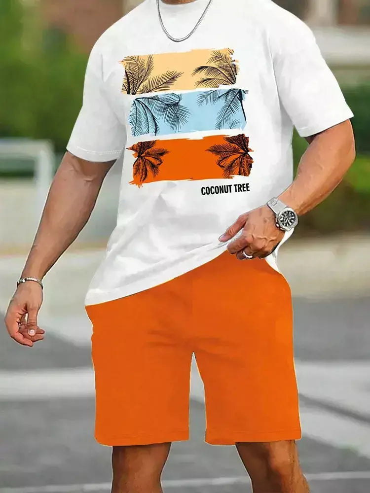 Camiseta de praia havaiana masculina, conjunto de 2 peças, manga curta, estampa palmeira, decote em O, moda exterior, casual, verão