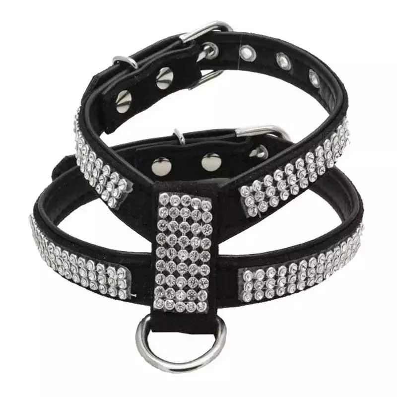 Coleira para cães, cinta peitoral ajustável, produtos para animais de estimação, coleira para cães, liberação rápida, brilhante, em forma de k, strass, couro pu