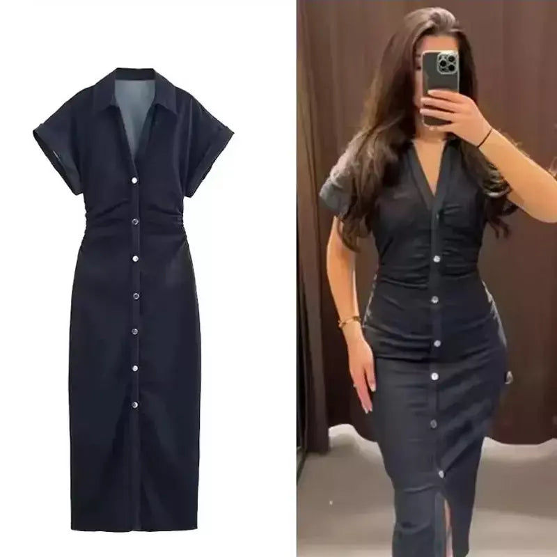 Vestido jeans feminino primavera verão casual vestidos longos para mulher 2026 nova moda ruched manga curta streetwear midi vestido