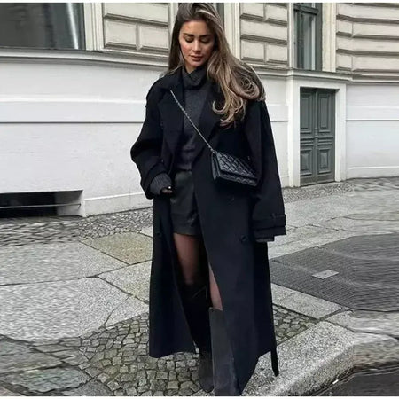 Trench coat maxi oversized feminino com lapela entalhada com cinto duplo breasted vintage streetwear 2025 tendência casual casacos diários