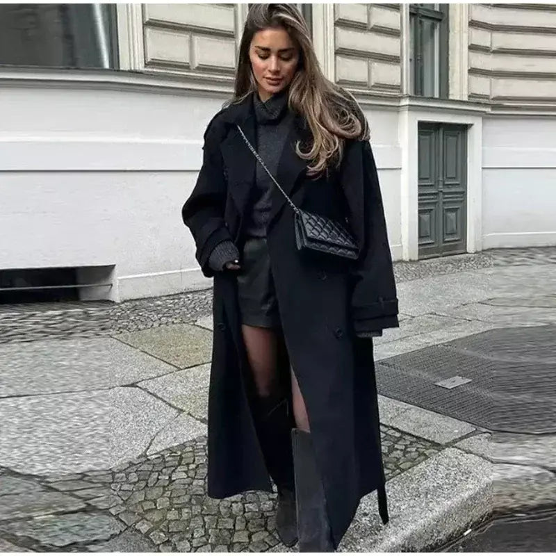 Trench coat maxi oversized feminino com lapela entalhada com cinto duplo breasted vintage streetwear 2025 tendência casual casacos diários