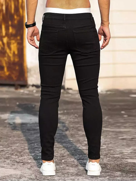 Moda masculina rua rasgado jeans preto puro estiramento apertado pequeno pé lápis calças namorado clube roupas denim ropa hombre