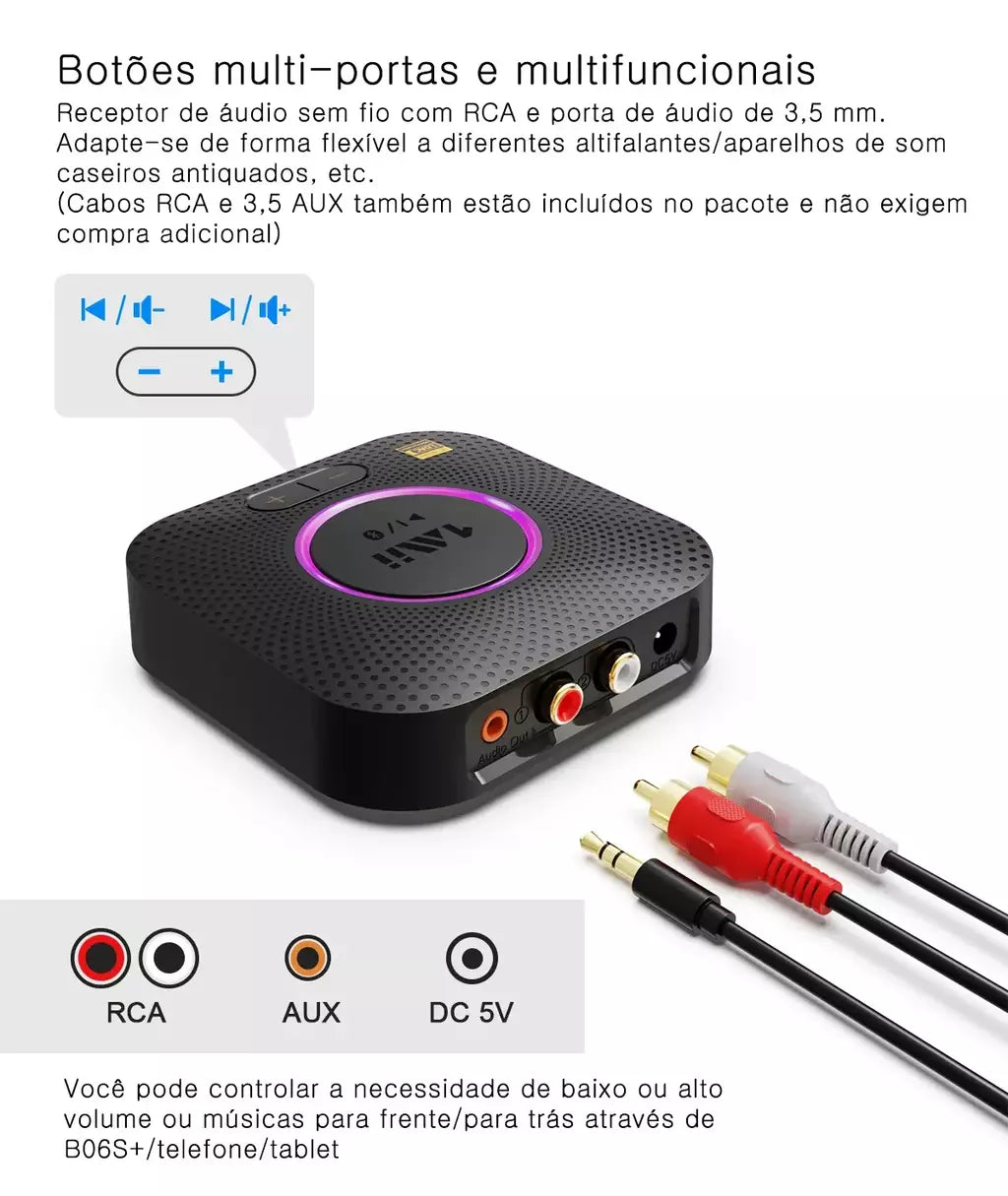 1Mii B06S+ Receptor Bluetooth 5.2, adaptador de áudio HiFi com LDAC Aptx HD&LL, áudio de alta resolução de longo alcance com controle de volume