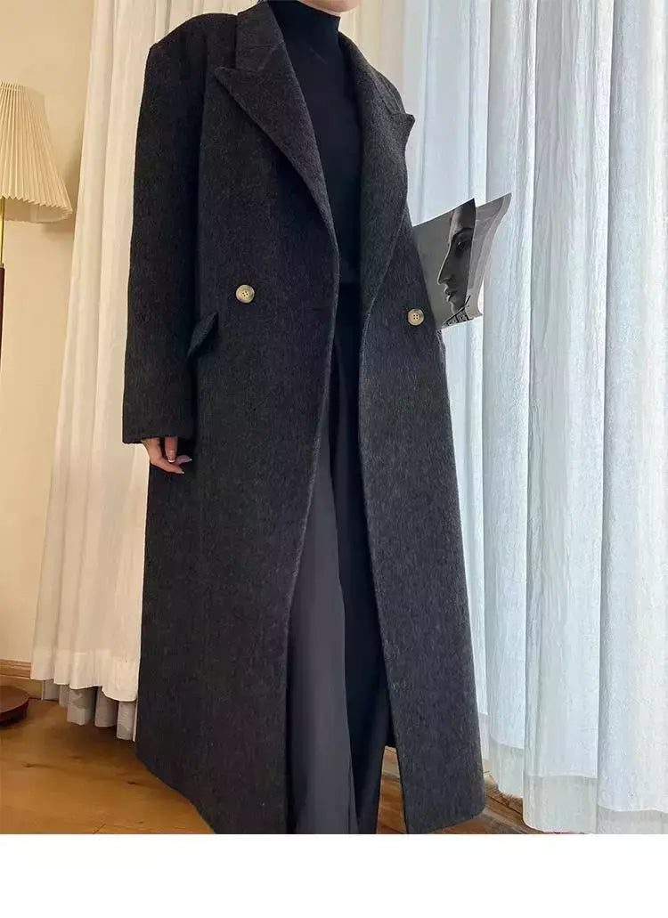 Casaco de alpaca de lã feminino, jaquetas de lã, trespassado duplo, gola de terno, solto, Casacos longos, senhora do escritório, outono, inverno, 2022