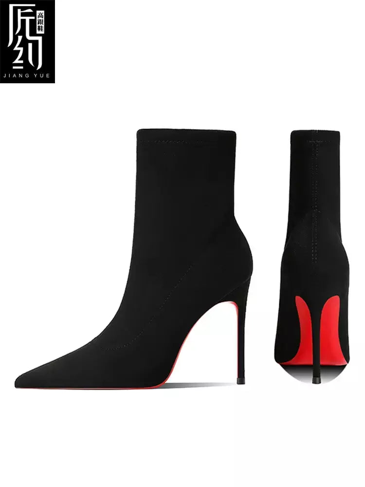 Botas de tornozelo femininas de inverno vermelho brilhante bottoms meias de malha botas outono 2025 nova moda botas de estiramento sexy feminino salto alto fem