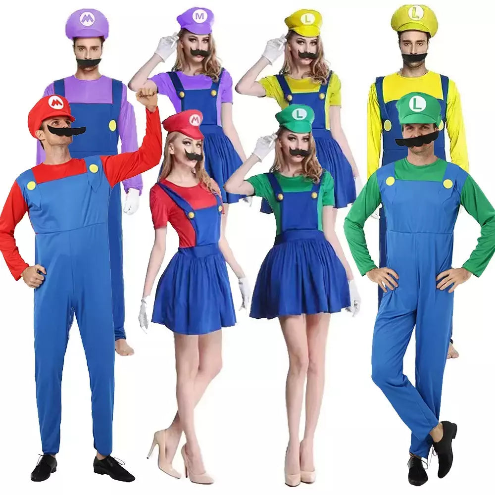Jogo marios super luigi irmãos uniforme conjunto cosplay trajes engraçado anime adulto homem macacão mulher vestido traje de halloween