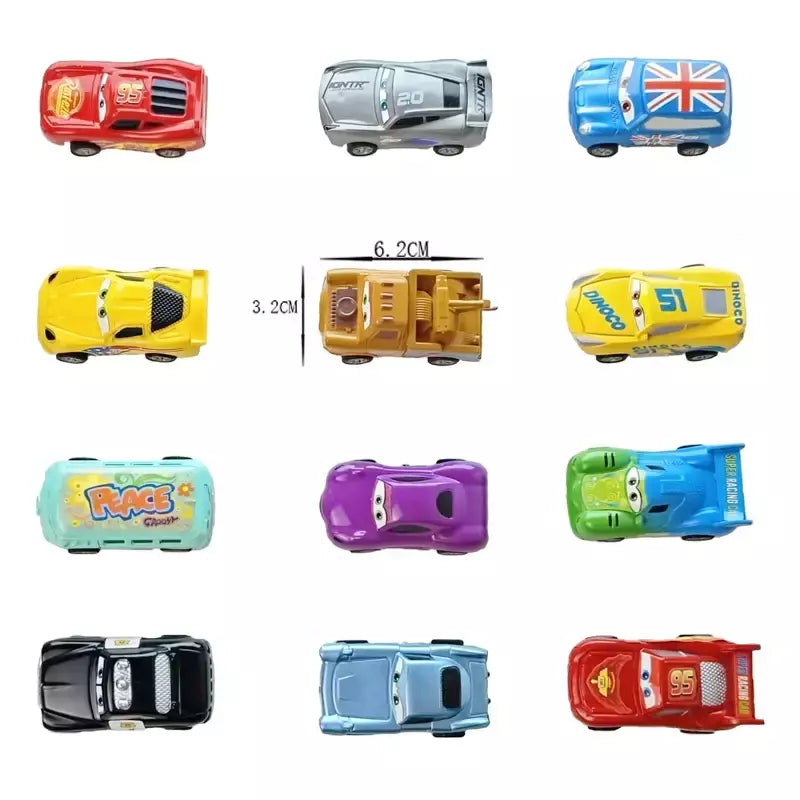 Mini 12 pçs disney pixar carros 3 pistão copo rebote carro coleção relâmpago mcqueen jackson tempestade pvc modelo de carro brinquedo para crianças