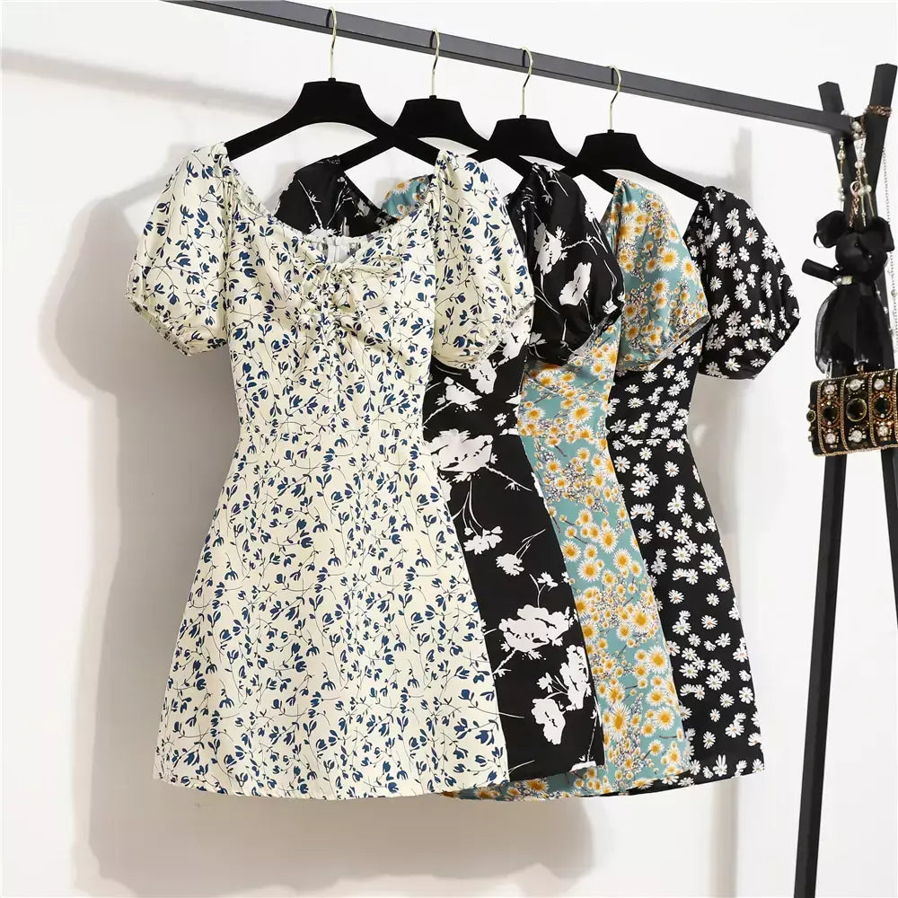 Mulheres mini vestidos de verão moda feminina vestidos impressão floral chiffon vestidos shirring plissado manga curta inchado vestido casual