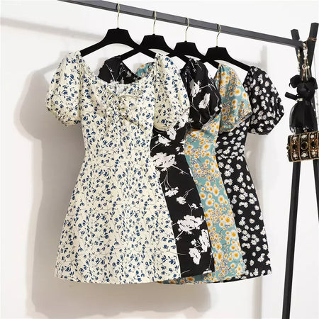 Mulheres mini vestidos de verão moda feminina vestidos impressão floral chiffon vestidos shirring plissado manga curta inchado vestido casual