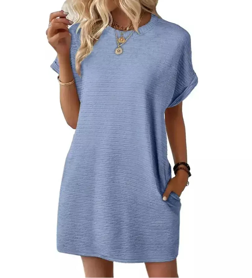 2026 robe femmes soiree manga curta em torno do pescoço mini vestido de cor sólida das mulheres bolso novo solto escritório deslocamento versátil vestido