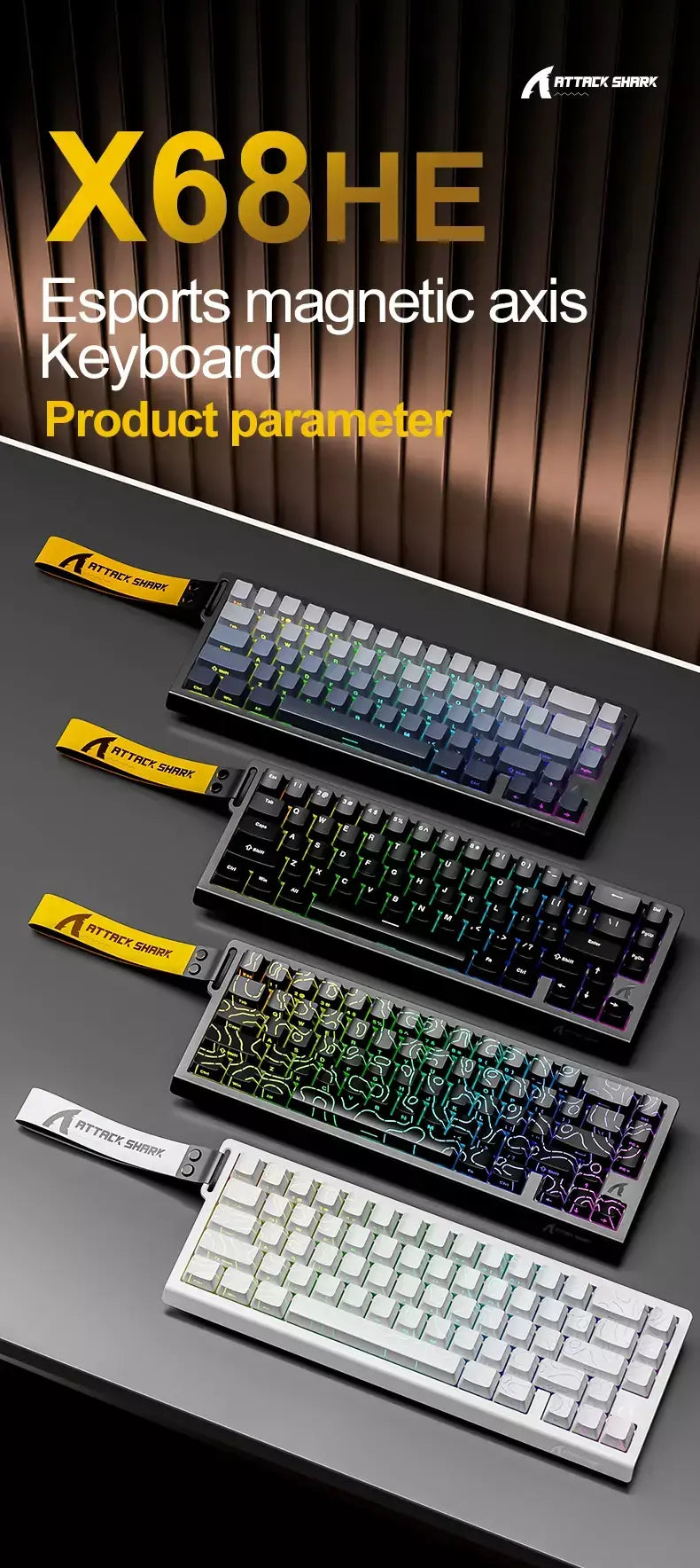 ATTACK SHARK X68HE Teclado Magnético Vermelho Com Fio Mecânico para Pro Gaming 0.01mm Trigg Rápido 8000Hz SOCD/Rs 0.125ms 128K Taxa