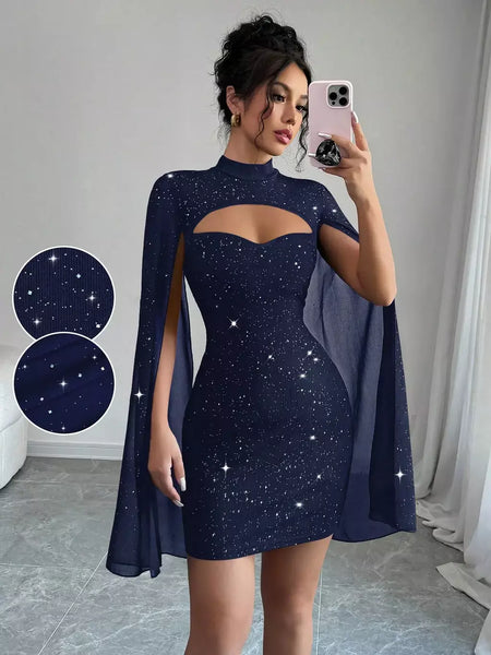 Sexy feminino gola capa mini vestido lantejoulas espumante clube festa noite fora cabido bodycon elegante outono inverno