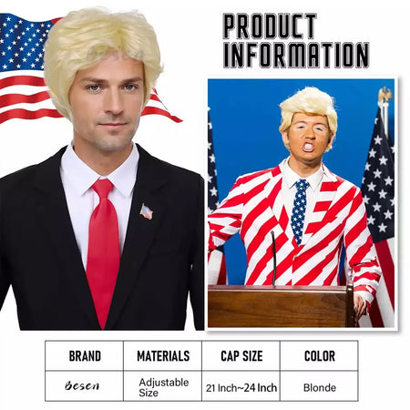 Peruca loira sintética para adultos com adesivos engraçados, peruca masculina em camadas resistente ao calor, pessoas famosas, cosplay