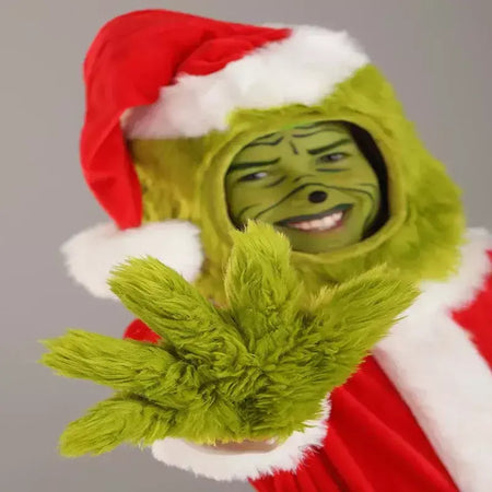 Venda quente da temporada halloween verde grinch cosplay traje papai noel com calças de pele conjunto jogar traje em massa monstro verde gri