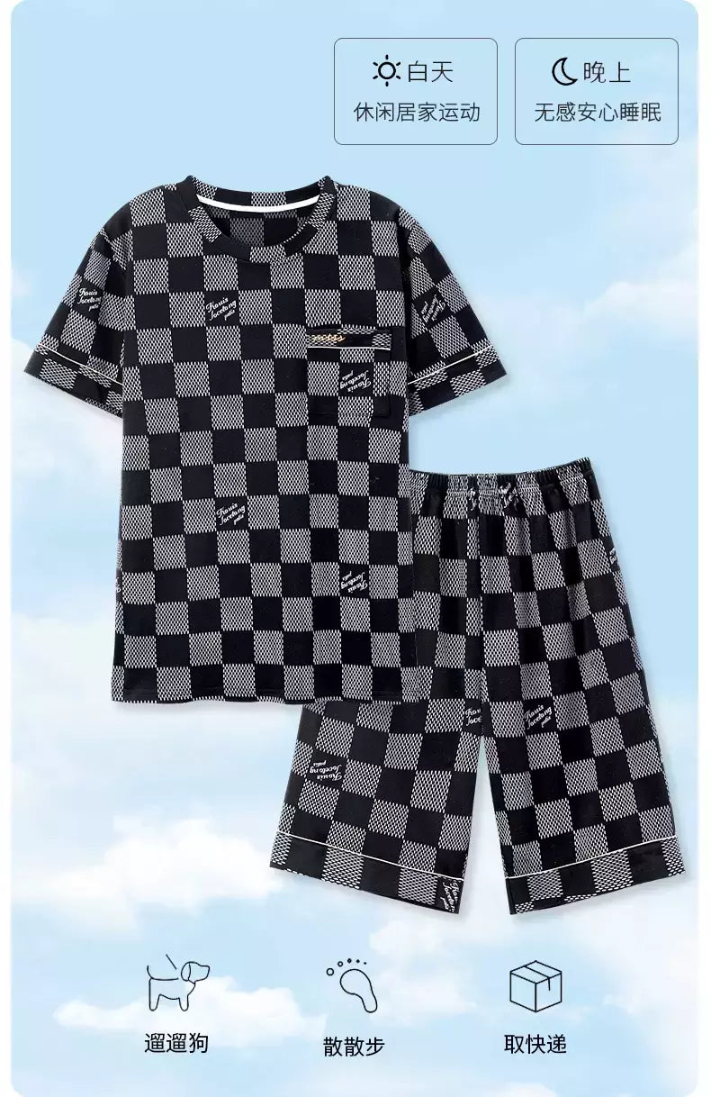 Verão Mens Plus Size Lounge Wear Moda Pijama De Algodão Manga Curta Pj Set Impresso Elegante Xadrez Homewear 3xl 4xl Pijamas