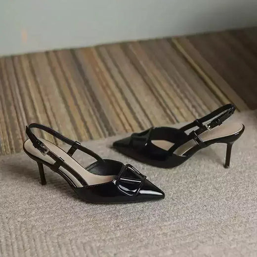 Sandálias de salto com fivela para mulheres, Slingbacks, dedo apontado, saltos finos, bombas de festa, marca