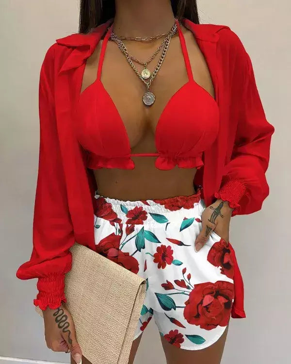 Fato de banho feminino de três peças, moda praia sexy, biquíni de cintura alta, maiô estampado, shorts para cobrir, moda praia de verão, novo 2024