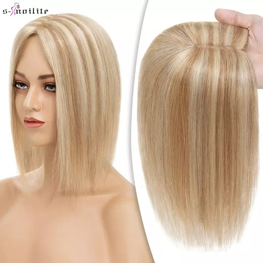 S-noilite 10x12cm toppers de cabelo em linha reta 3.5x9cm base de seda perucas de cabelo clipe em extensões de cabelo marrom cabelo humano para mulher
