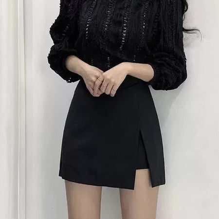 Mini saias pretas femininas, fenda lateral irregular, cintura alta, shorts linha A, saias femininas de verão, envoltório chique do quadril, moda coreana