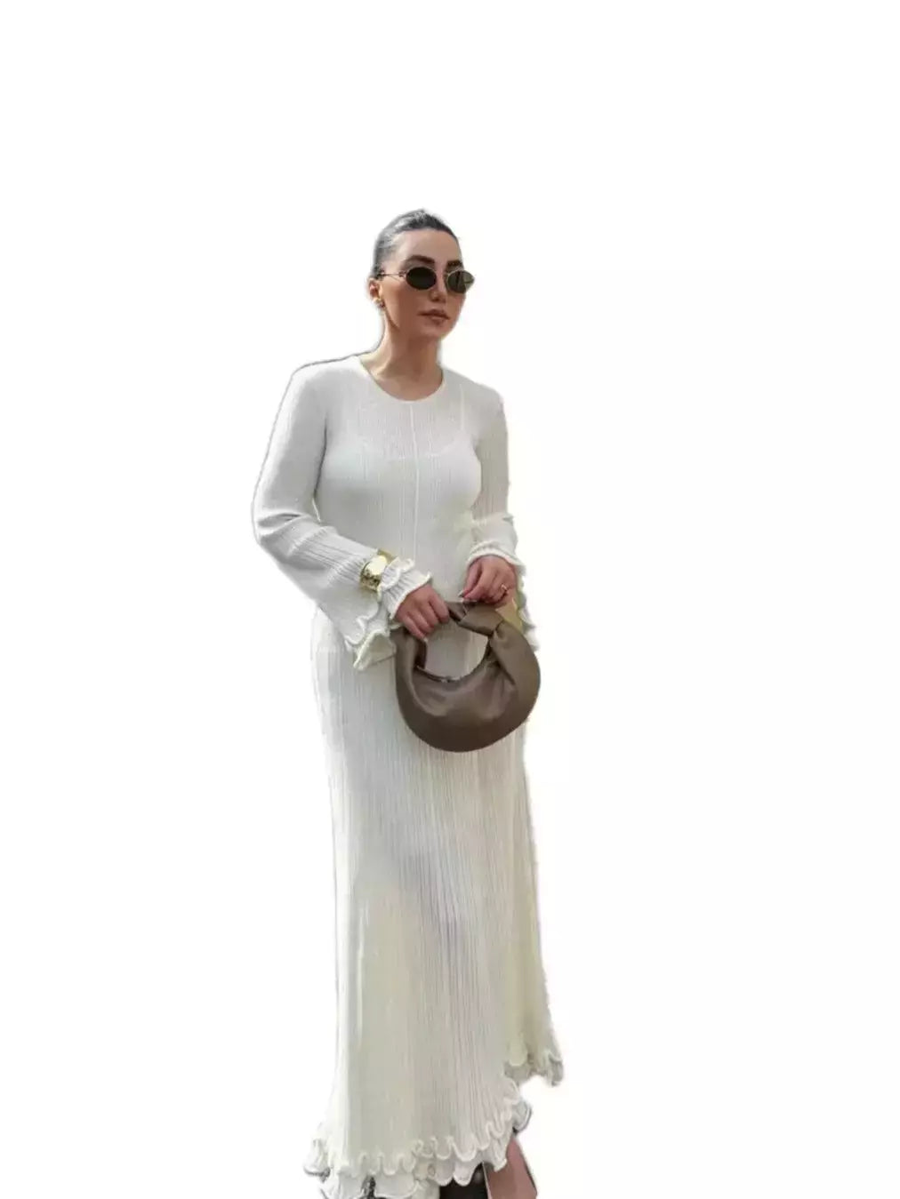 Elegante vestido de malha de manga comprida feminino, gola redonda, vestes finas brancas, vestidos de festa femininos, moda feminina, verão, outono, novo, 2022