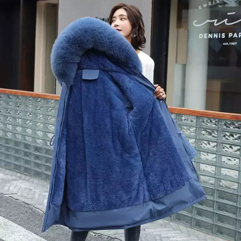Parka longa e acolchoada feminina com forro de lã, jaqueta com capuz, gola de pele, quente, grossa, neve, roupas grandes, inverno