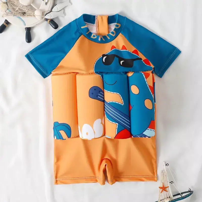 Maiô flutuante para crianças, roupa de banho de uma peça para crianças, flutuante, proteção contra queimaduras, estampa de desenho animado, meninas, meninos, roupas de natação