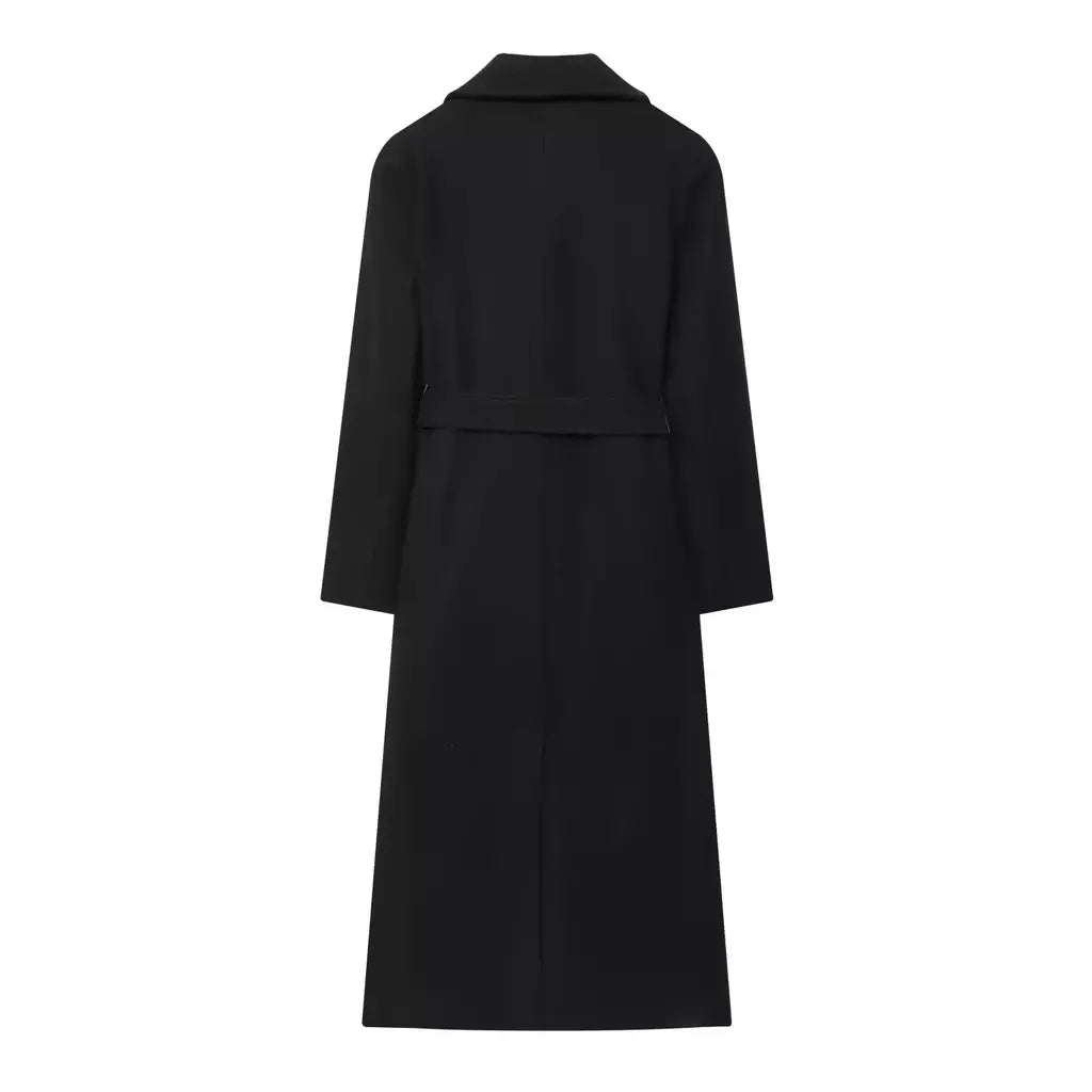 Tidalyf 2025 casaco longo feminino de mistura de lã, gola virada para baixo, cintura com cinto, manga comprida, comprimento da panturrilha, jaqueta com bolsos para o outono