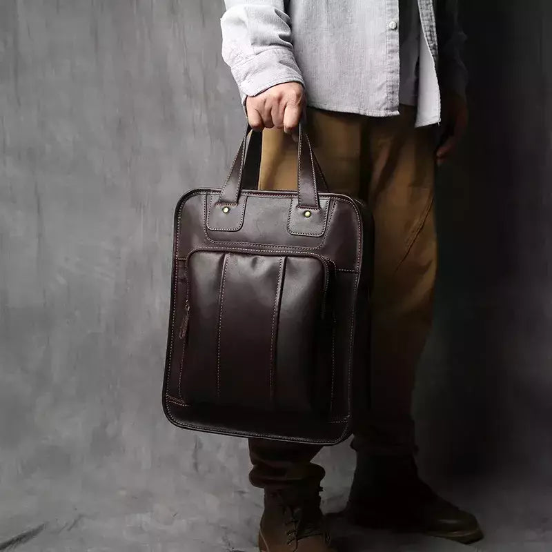 Maleta de couro retrô para homens, couro natural, bolsa vertical, bolsa de ombro casual, mochila masculina, adequada para laptop de 15 ", NZPJ