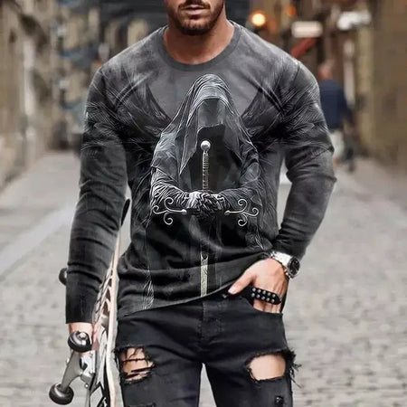 Crânio masculino gráfico t-shirts manga longa esqueleto impressão 3d rua homem t camisa outono o-pescoço casual y2k topo roupas masculinas de grandes dimensões