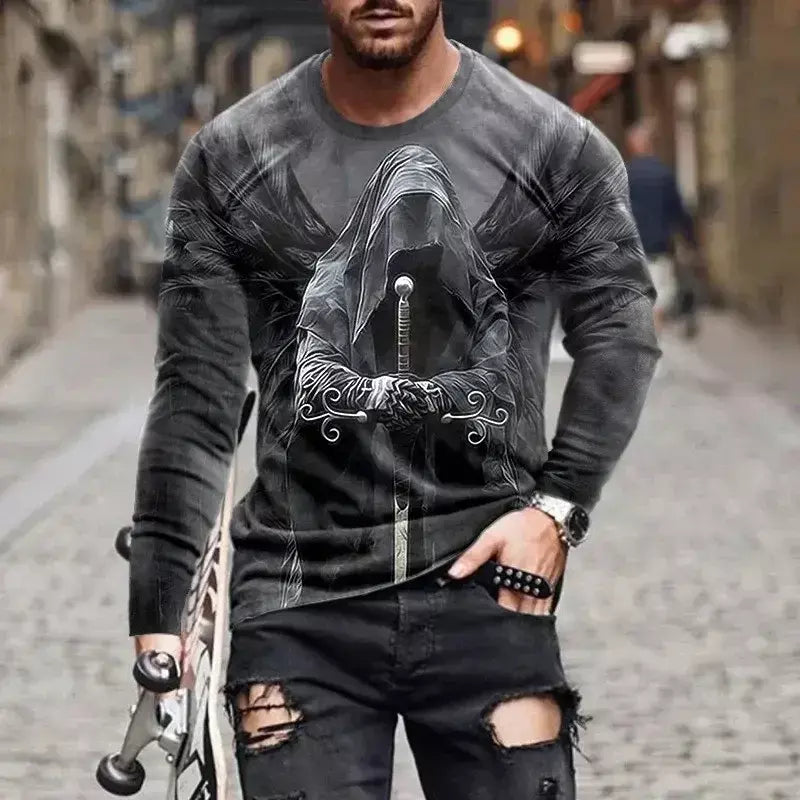 Crânio masculino gráfico t-shirts manga longa esqueleto impressão 3d rua homem t camisa outono o-pescoço casual y2k topo roupas masculinas de grandes dimensões