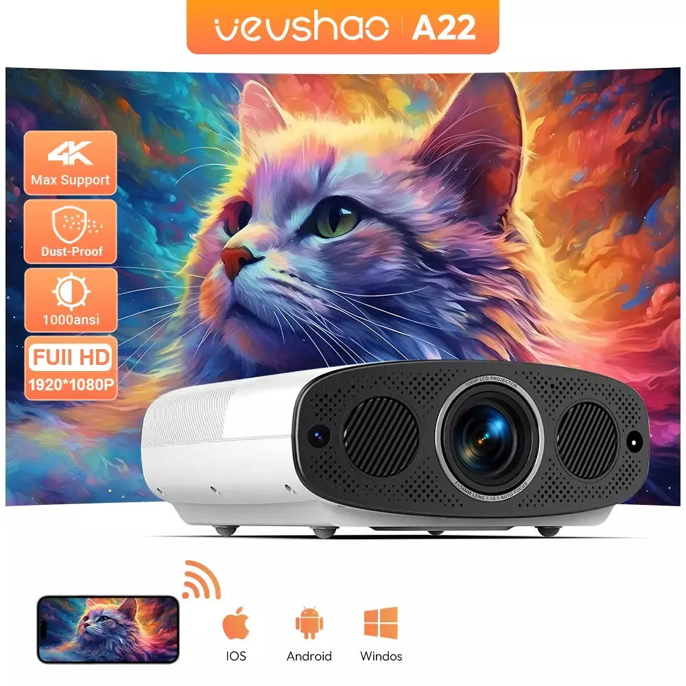 Vevshao a22 projetor full hd 1080p 4k 1000ansi android wifi foco automático 10w * 2 projetor de home theater para vídeo de reunião de escritório
