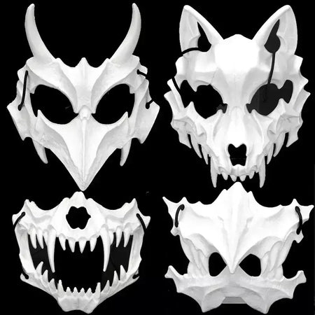 Festa crânio máscara dentes longos demônio esqueleto meia máscara facial lobo dragão tigre houjuu nue máscara cosplay traje de halloween adereços