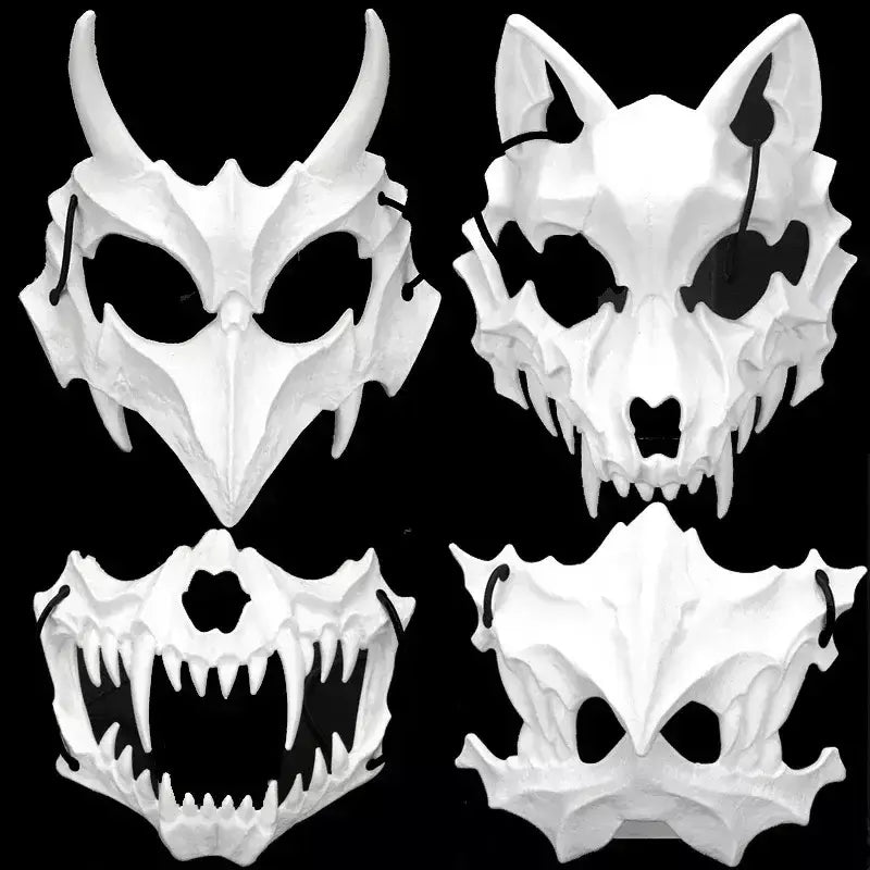 Festa crânio máscara dentes longos demônio esqueleto meia máscara facial lobo dragão tigre houjuu nue máscara cosplay traje de halloween adereços