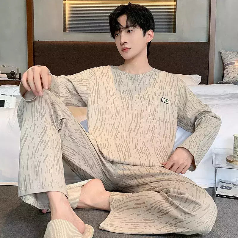 Pijama de algodão de duas peças masculino, calça de manga comprida, traje caseiro, estudante e adolescente, novo outono