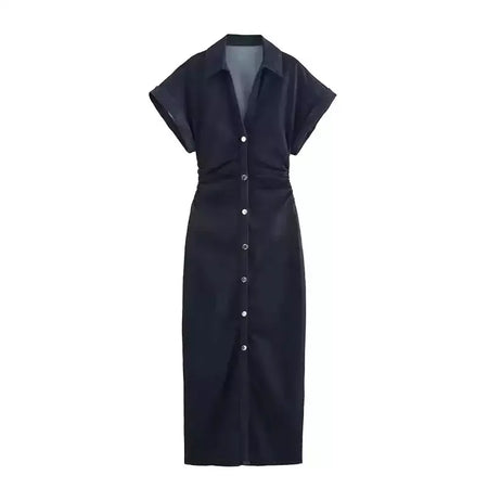 Vestido jeans feminino primavera verão casual vestidos longos para mulher 2026 nova moda ruched manga curta streetwear midi vestido