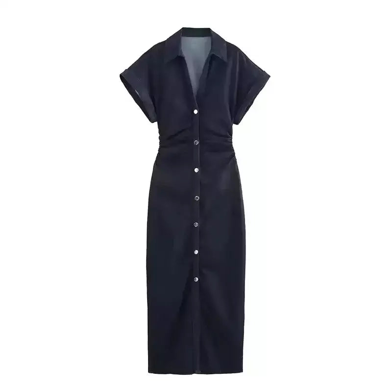 Vestido jeans feminino primavera verão casual vestidos longos para mulher 2026 nova moda ruched manga curta streetwear midi vestido