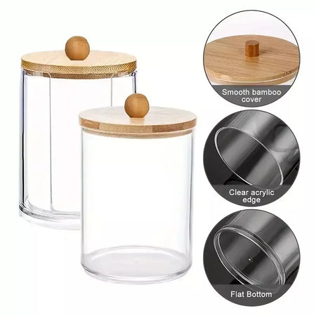 Suporte para almofada de algodão, 2 peças, frascos de banheiro, organizador de caixa de armazenamento, armazenamento de almofada de algodão com tampa de bambu, durável, à prova de poeira
