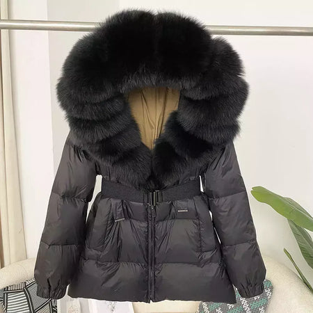Oftbuy 2024 jaqueta de inverno feminina gola de pele de raposa natural real com capuz grosso quente 90% pato branco para baixo casaco feminino streetwear casual