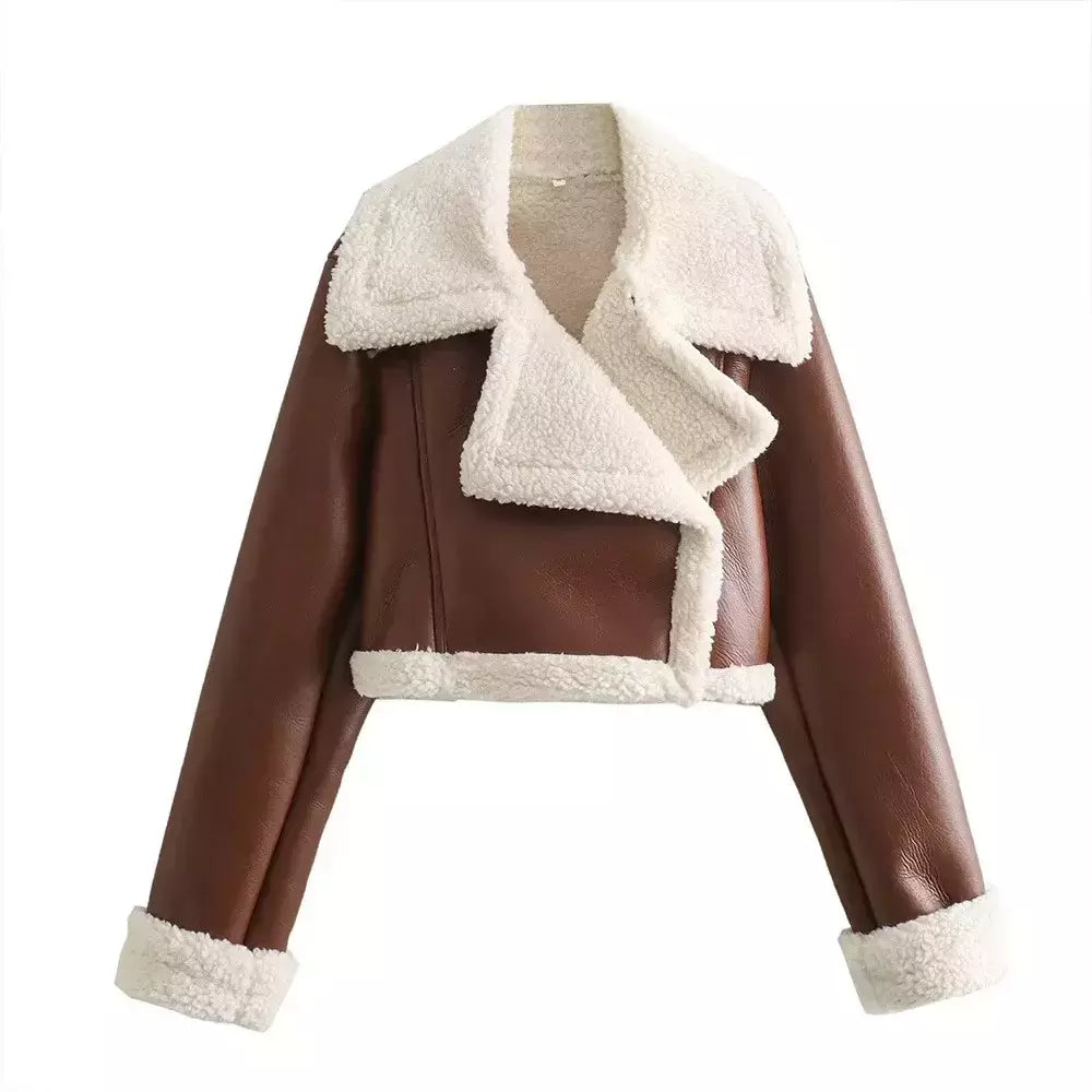 Jaqueta vintage de zíper frontal feminina, gola lapela, mangas compridas, roupas chiques femininas, monocromáticas, moda senhora