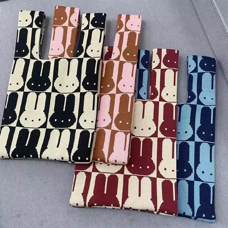 Saco de malha de nó animal para mulheres, gato coelho bonito sacola simples, bolsas de compras reutilizáveis para senhoras, moda