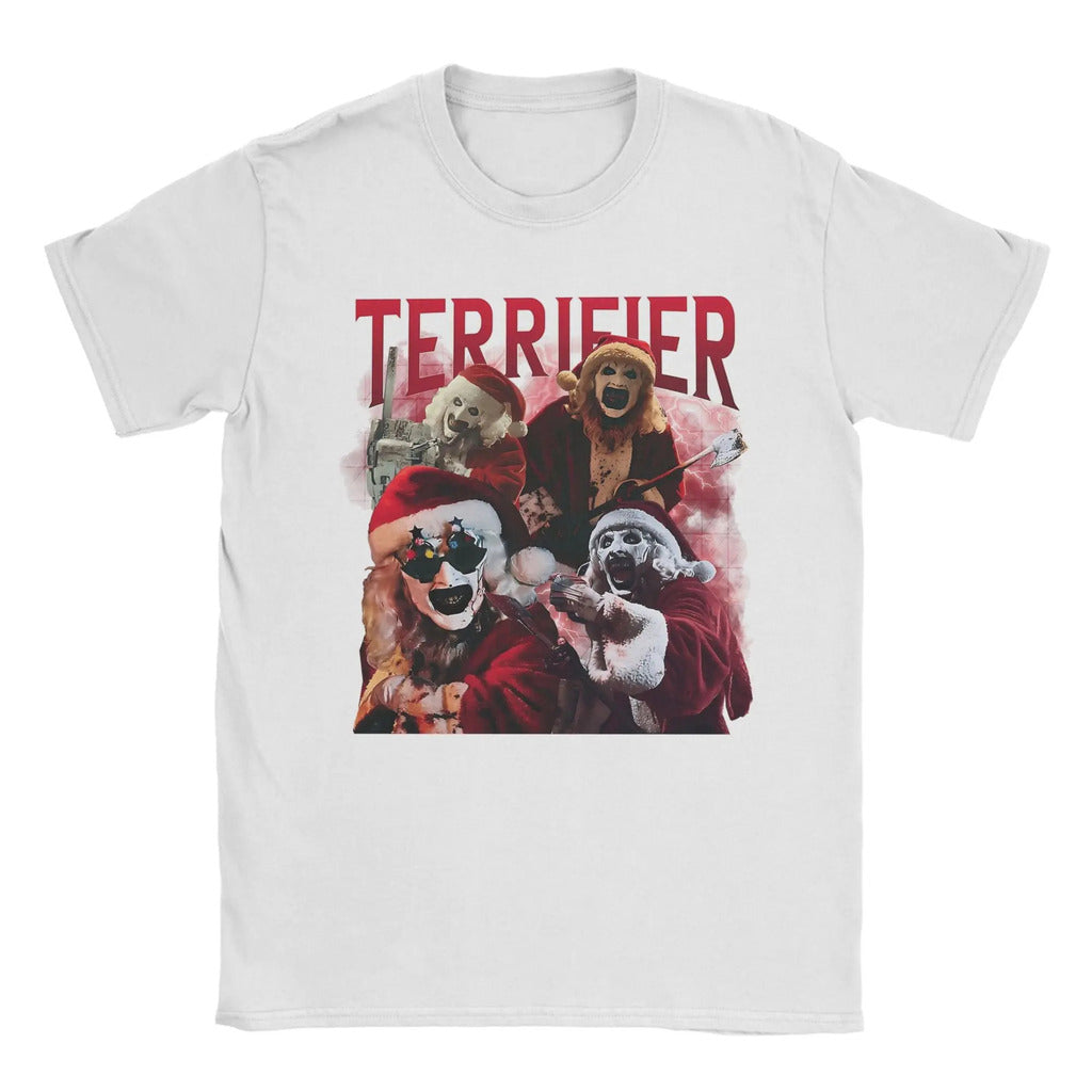 Arte engraçada os palhaços terrifier natal camiseta masculina em torno do pescoço puro algodão t camisas de manga curta camiseta impressa topos