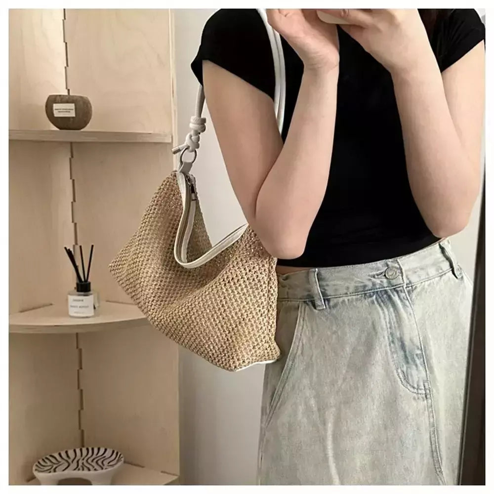 Saco de palha tecido Rattan para senhoras, sacola de grande capacidade, bolsa trançada artesanal, bolsa de ombro, moda
