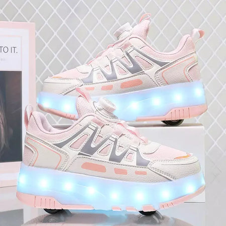 Crianças quatro rodas luminosa brilhante tênis preto rosa led luz rolo sapatos de skate crianças sapatos led meninos meninas carregamento usb