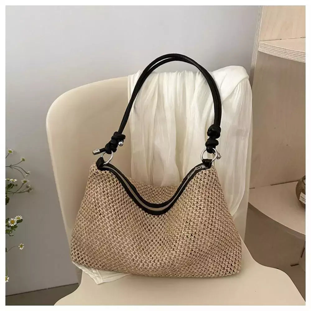 Saco de palha tecido Rattan para senhoras, sacola de grande capacidade, bolsa trançada artesanal, bolsa de ombro, moda