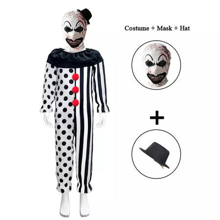 Crianças meninos meninas terrifier 3 cosplay coringa traje com máscara chapéu macacão halloween palhaço vestido criança bodysuit roupas de carnaval