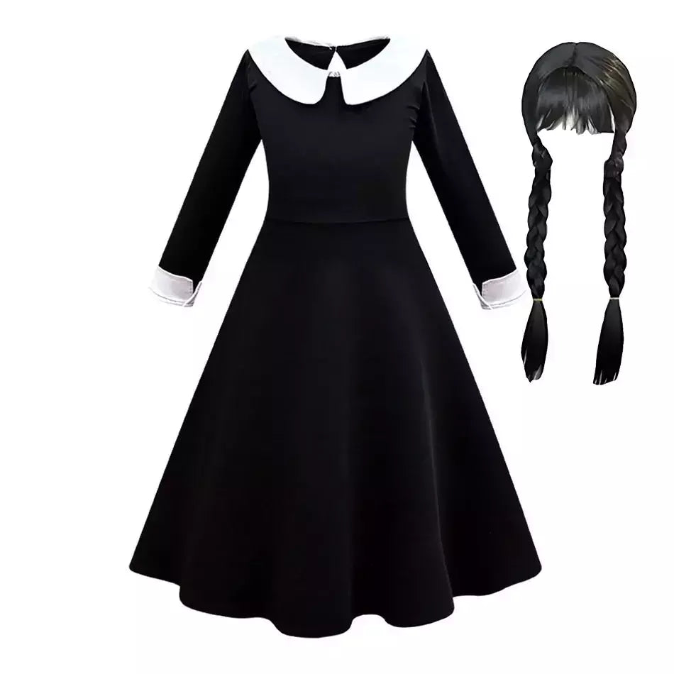 Crianças addams traje do bebê meninas família cosplay traje de halloween crianças família dança vestido preto quarta-feira pageant fantasia