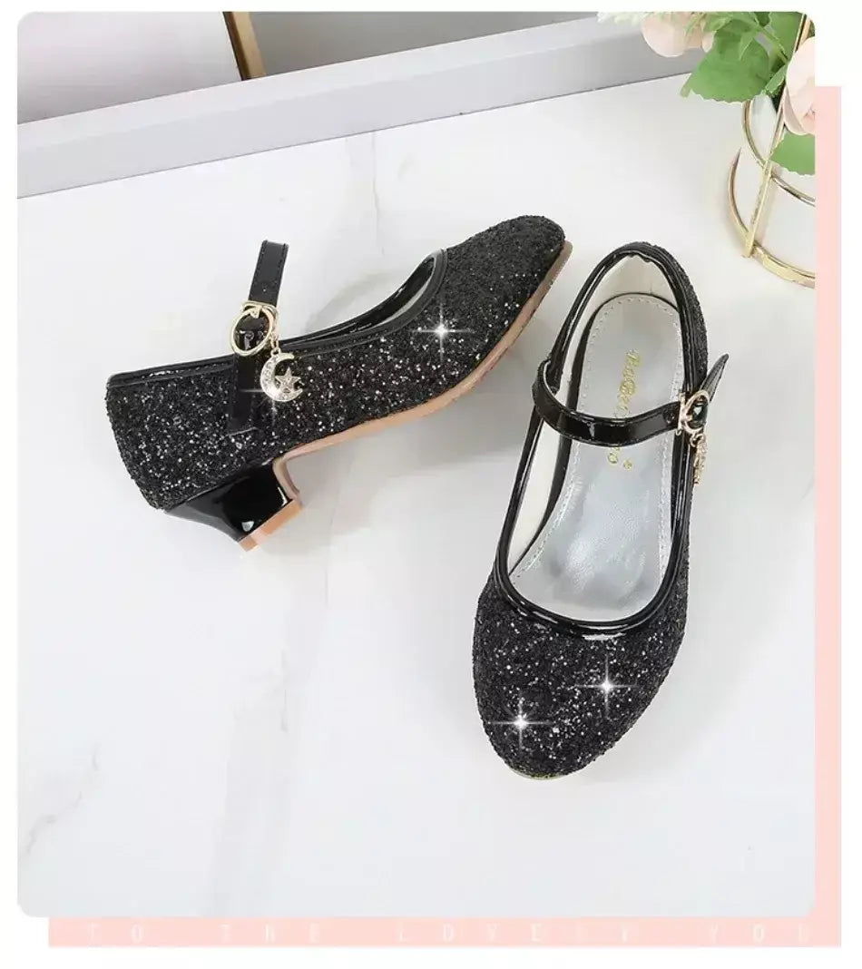 Meninas sapatos crianças salto alto glitter sandálias de cristal moda fivela crianças princesa sapato dança estudante desempenho sapatos de couro